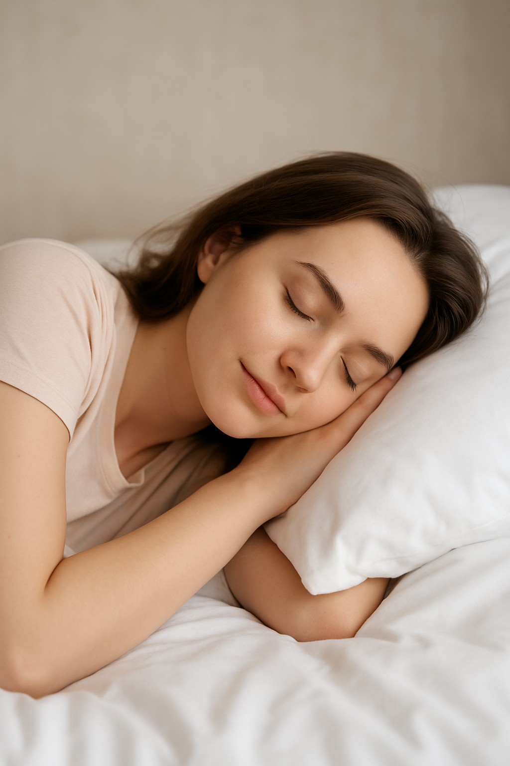 Vrouw met bruine haren die rustig ligt te slapen